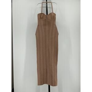 Herv� L�ger Beige Rayon Crystal-Embellished Metallic Ribbed Bandage Halterneck